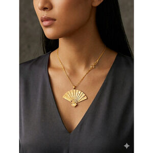 Vintage Gold Tone Dragon & Phoenix Folding Fan Pendant Necklace